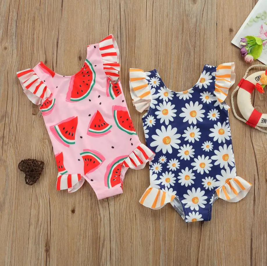 

Summer Kids Girls Swimsuit Children Cute Daisy/Watermelon Printing Fly Sleeve Lace Swimwear Beachwear