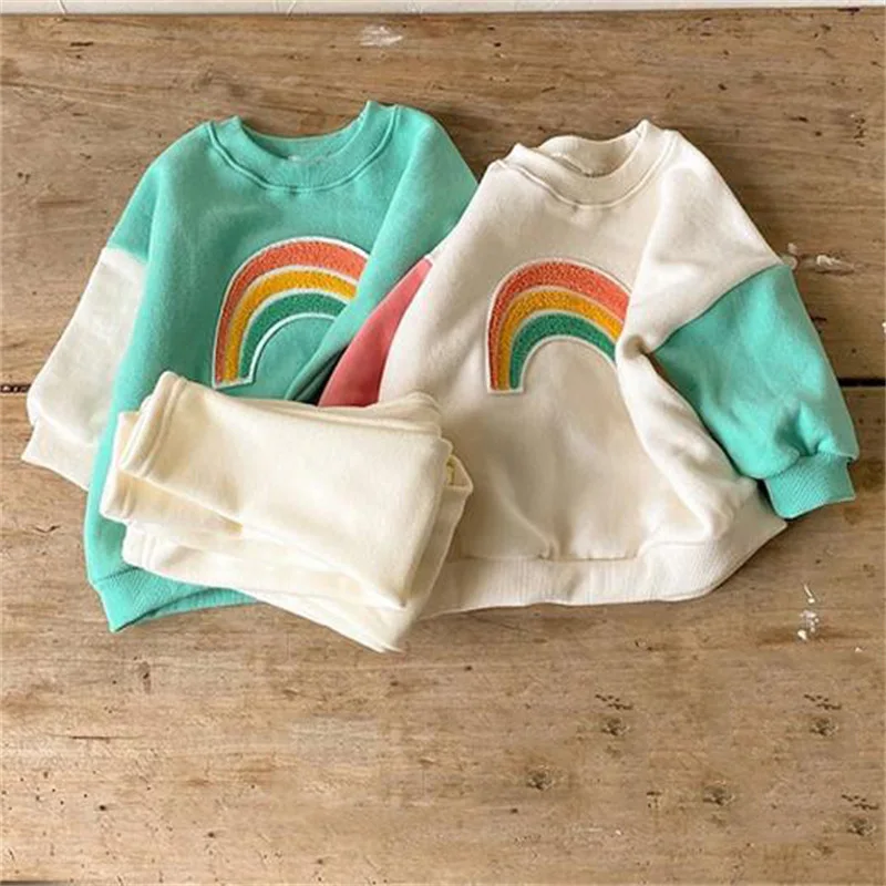 

Boys Towel Rainbow Sweatshirt 2 Two Pieces Sets 1-6 Years Old Kids Spring Autumn Clothing Embroidery Velvet Girls Sport Suits
