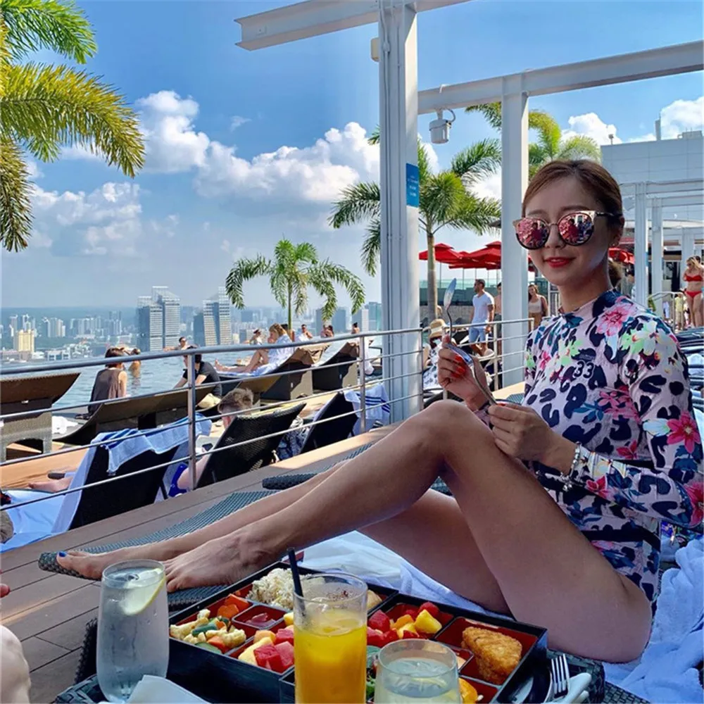 Женский слитный купальник с длинным рукавом цветочным принтом пуш ап купальники