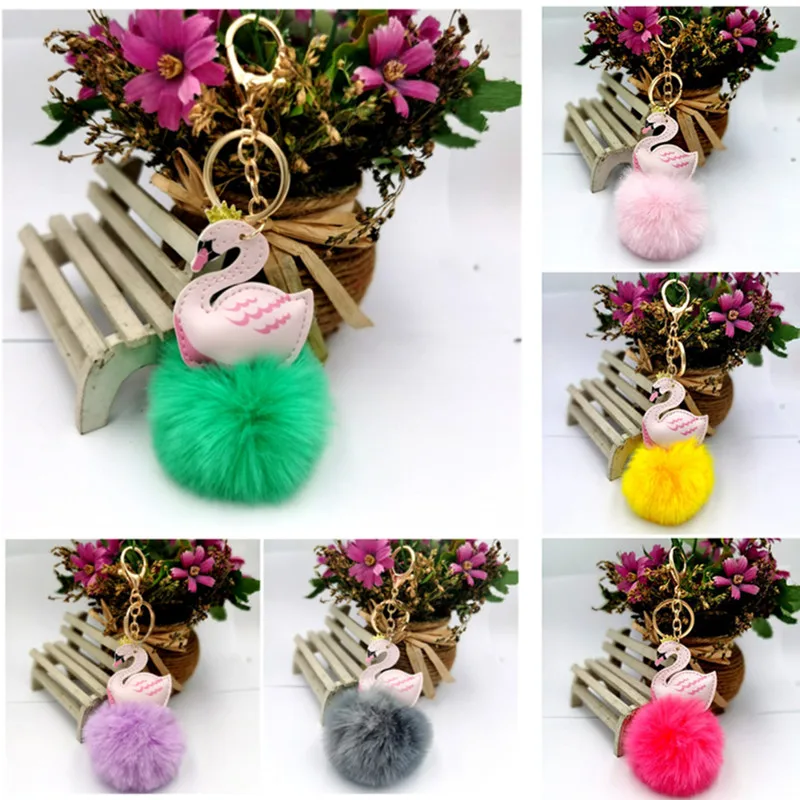 

8pcs/Lot Cute PU Leather Swan Plush Key Chain Fashion Ladies Bag Pendant Imitation Rabbit Hair Car Ornaments Fake Fur Key Ring
