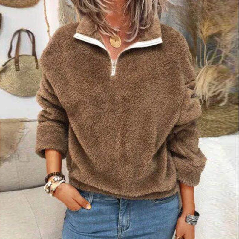 

Women Fleece Sweatshirt Pullovers Elegant Turn-Collar Zipped Hoodies Tops Casual Solid Long Sleeves Oversized Winter