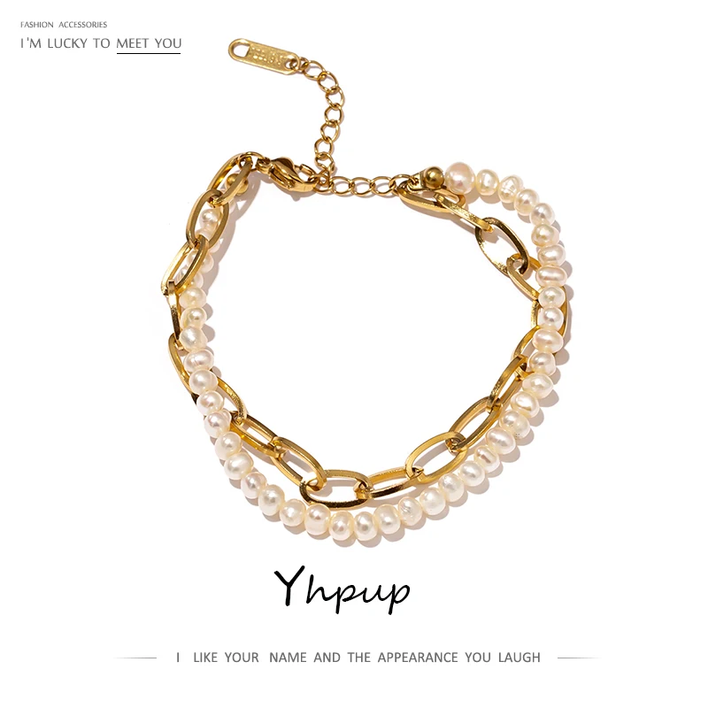 

Yhpup 18 K Stainless Steel Natural Pearls Double Layer Bracelet Bangle Women Jewelry Elegant Metal Chain Temperament Gift