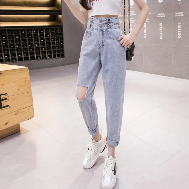 Детские джинсы с дырками в Корейском стиле прямые свободные тонкие шаровары