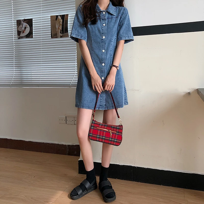 

Denim Dress Women's Summer 2021 New Waist Slimming Temperament Small Size Hong Kong Style Retro Chic Dress