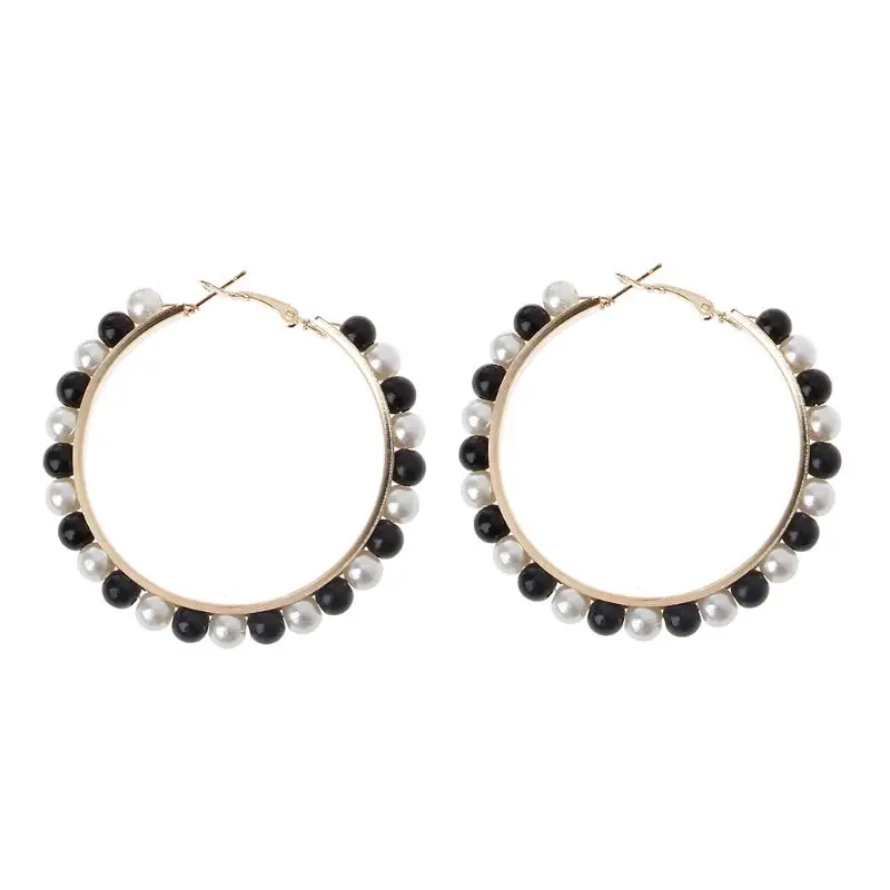 

Large Hoop Dangle Earrings Black White Pearl Earrings Circle Loop Earrings Women