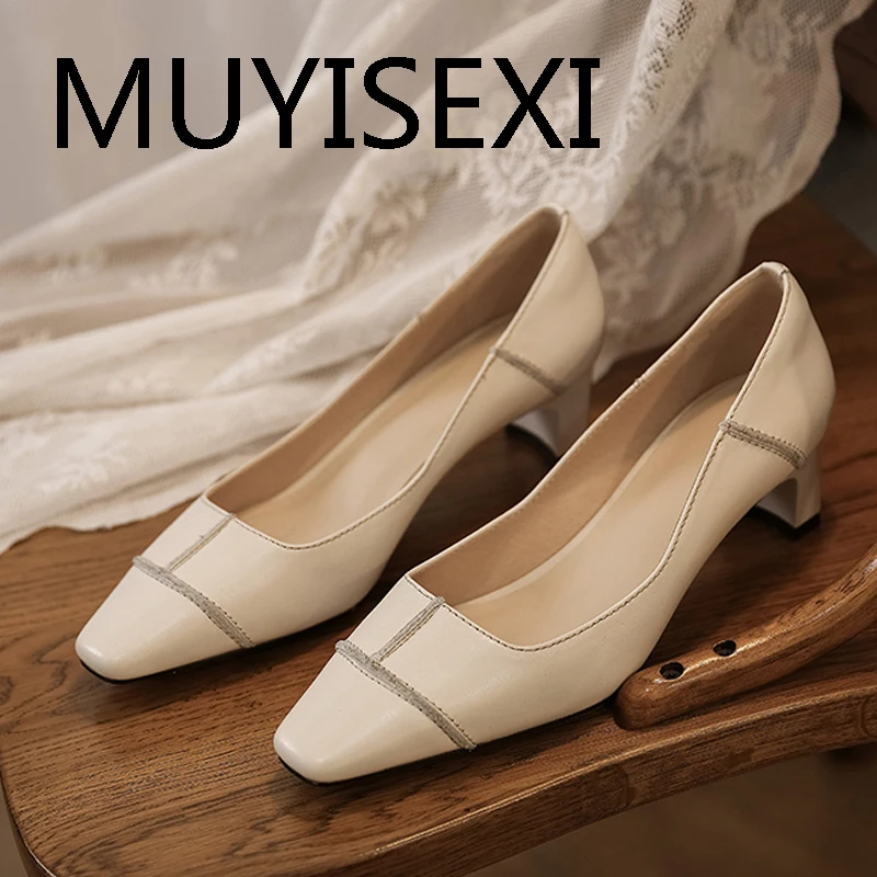 

4.5cm med heels women pumps genuine leather square toe elegant office ladies daily wear spring shoes beige black ZMD02 MUYISEXI