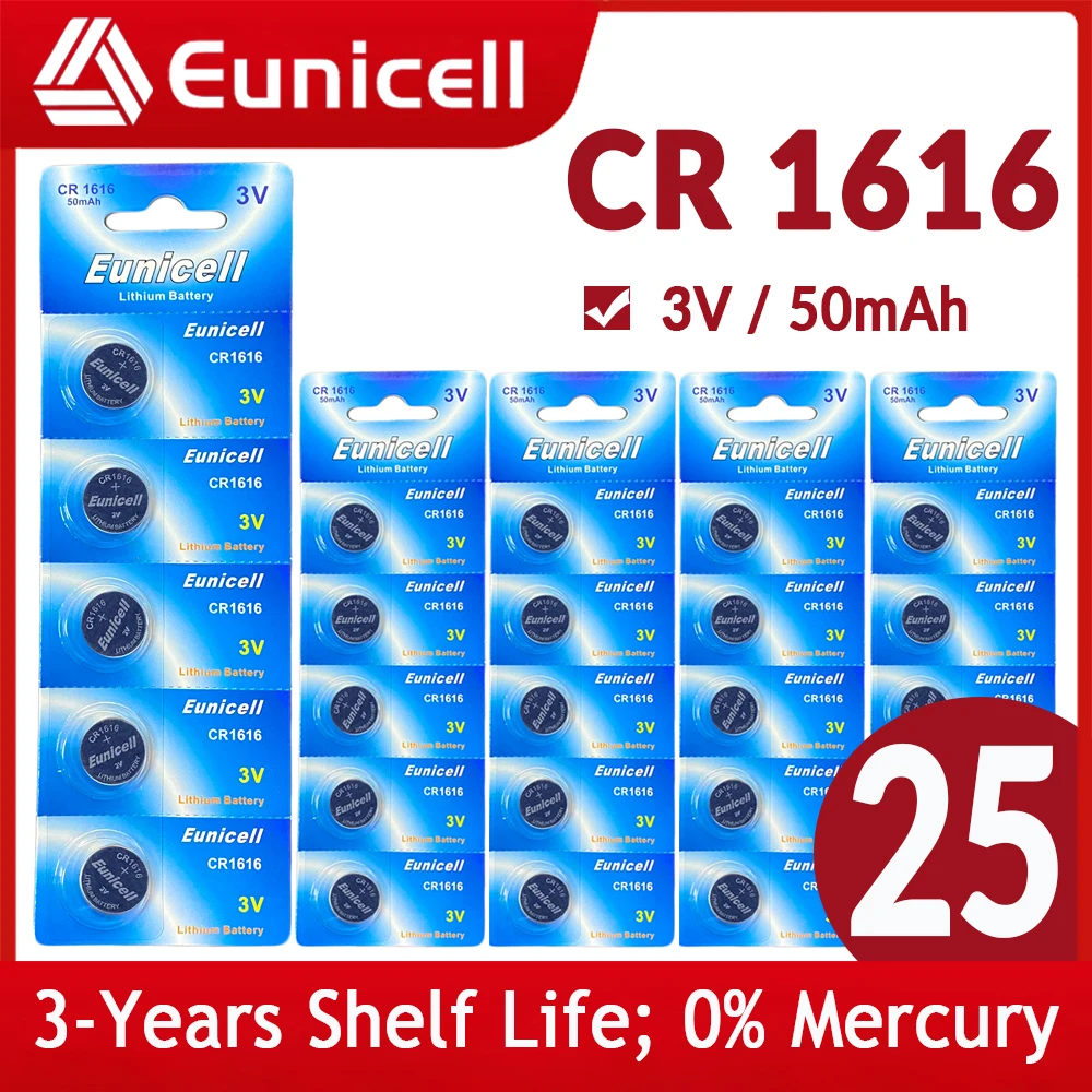 

Eunicell NEW 25PCS Coin Cells Batteries 50mAh Capacity 3V CR1616 3V Lithium Battery LM1616 BR1616 ECR1616 KCR1616 CR 1616 5021LC