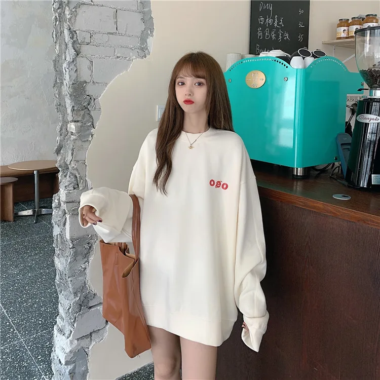 

5262 women Korean candy color loose mid-length blouse, round neck, thin letters, long-sleeved Sweatshirts