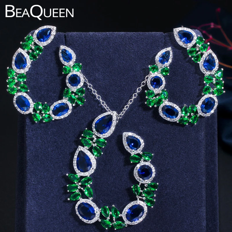 

BeaQueen бразильские 2 шт. большие синие зеленые серьги кулон ожерелье ювелирные наборы для женщин CZ Кристалл для вечерние ювелирные изделия по...