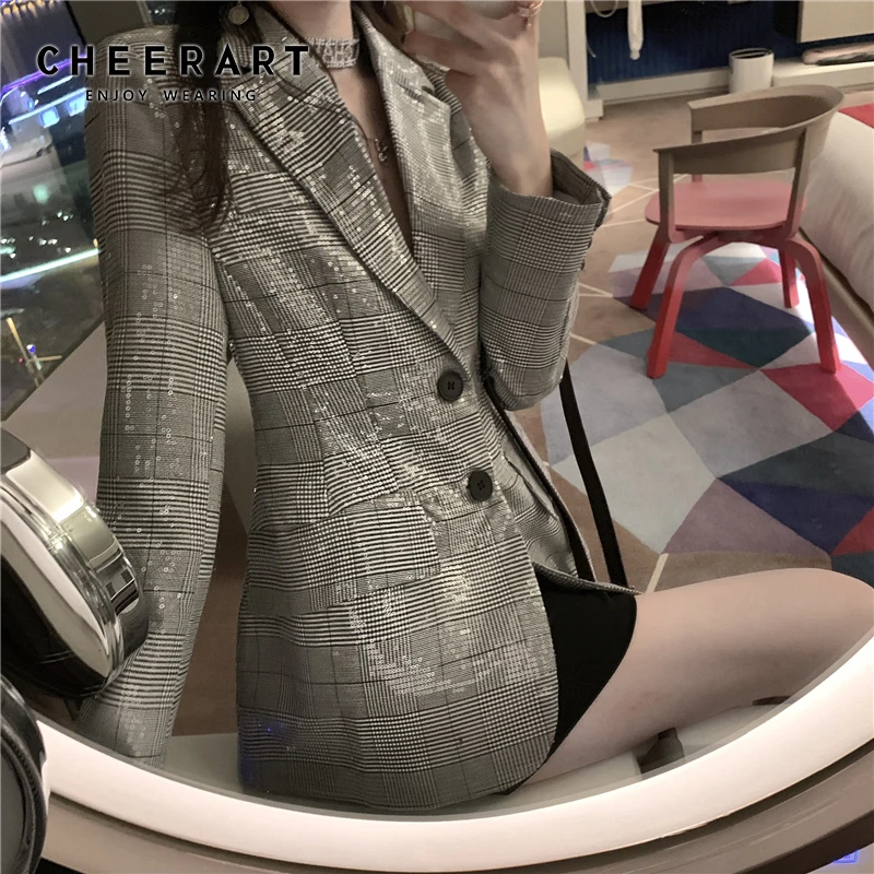 CHEERART блейзер с блестками Женский клетчатый Модный Тонкий Блейзер и куртки