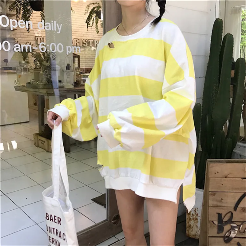 Толстовки женские Ulzzang Kawaii милые полосатые дыры корейские студенческие свободные Harajuku Весна осень тонкие модные простые женские s одежда