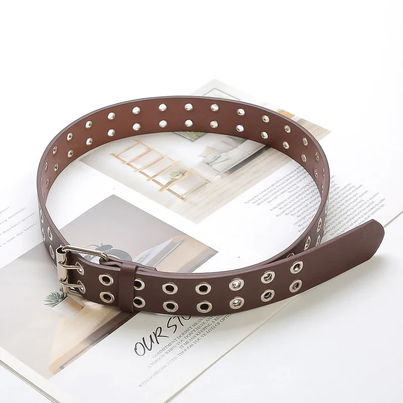 

Ladies Belt PU Double Row Copper Steam Eye Belt Wild Classic Pin Buckle Punk Belt Belt Women Designer Belt