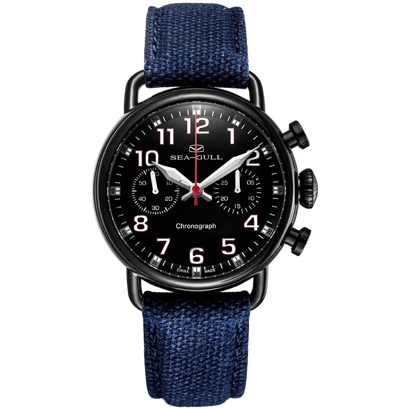 Seagull PVD Black Case Hand Wind Mechanical Chronograph Chinese Military Watch Luminous Arabic Numerals Dial 811.23.5025H | Наручные часы