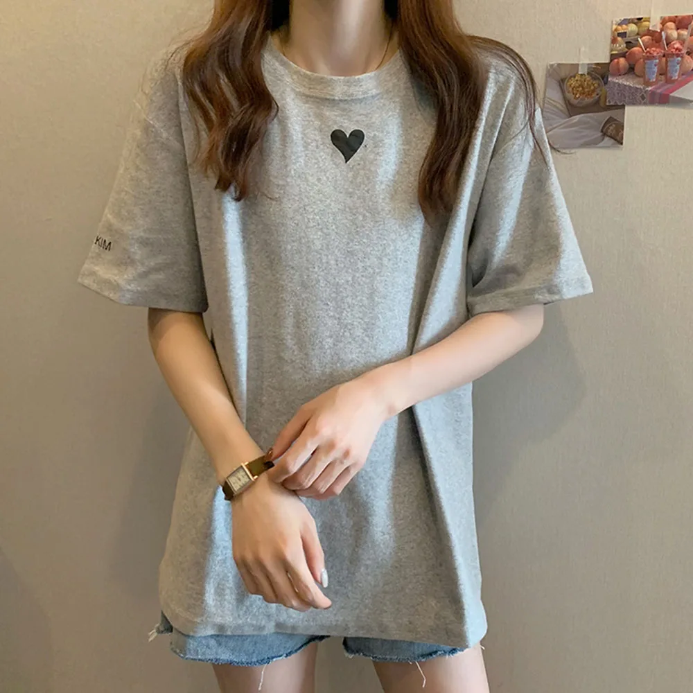 

T-Shirt 2021 New Style Round Neck Heart Pattern Medium Length Short Sleeve Ladies Fashion Loose Simple Summer T-shirt