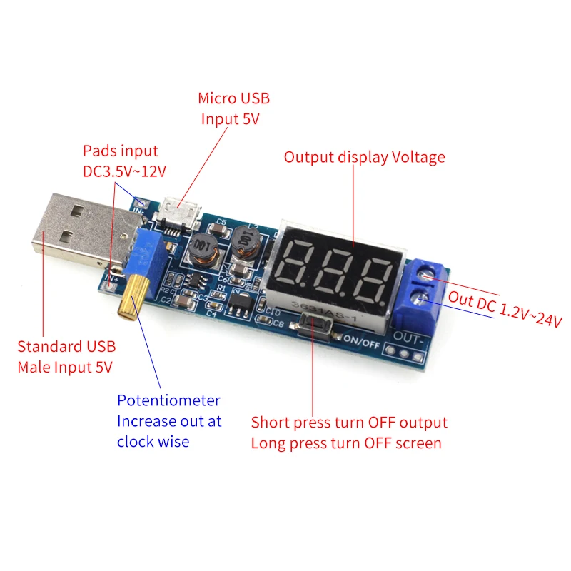 USB повышающий/уменьшающий модуль питания DC-DC 5 В до 3 В/12 Регулируемый понижающий