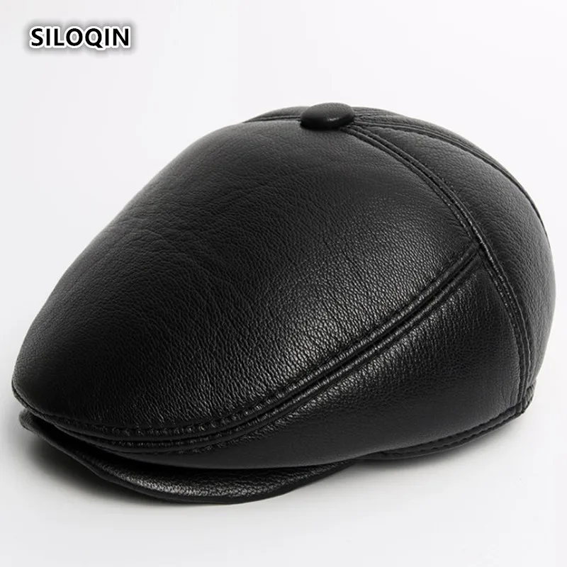 

SILOQIN Quality Winter Genuine Leather Hat Men Thick Warm Berets First Layer Sheep Skin Earmuffs Middle-aged Elderly Cap Dad Hat