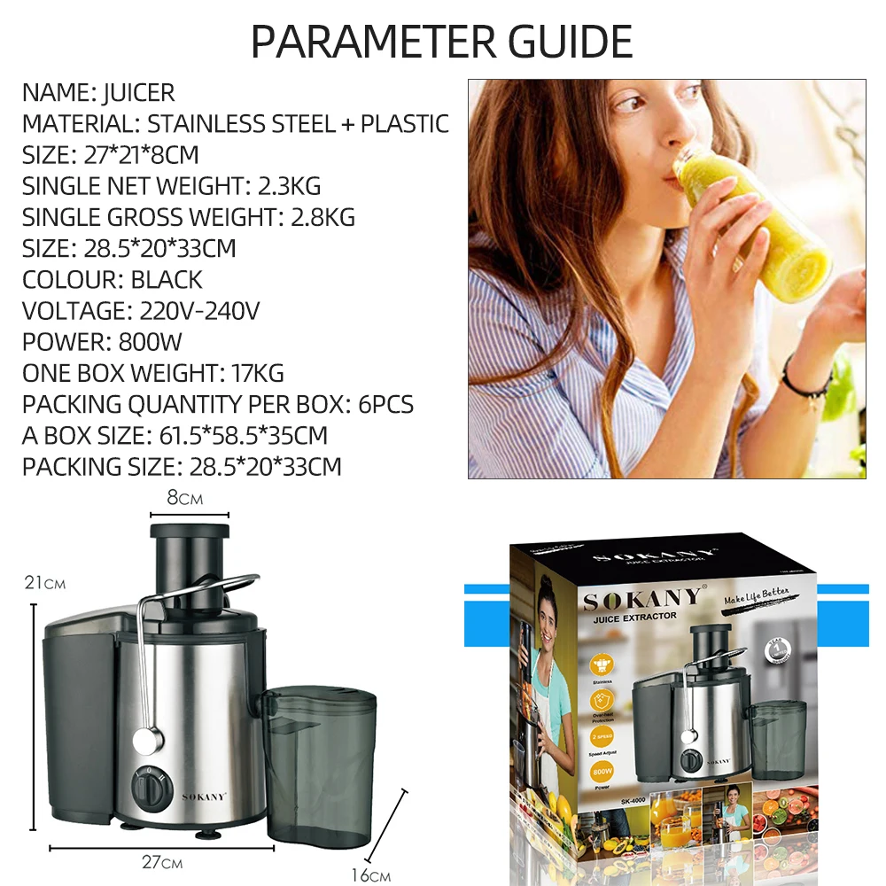 

450ML Electric Slow Juicer Stainless Steel Manual Fruit Juicer Juice Extractor 2 Gear Whole Fruit Vegetable Centrifugal Juicer