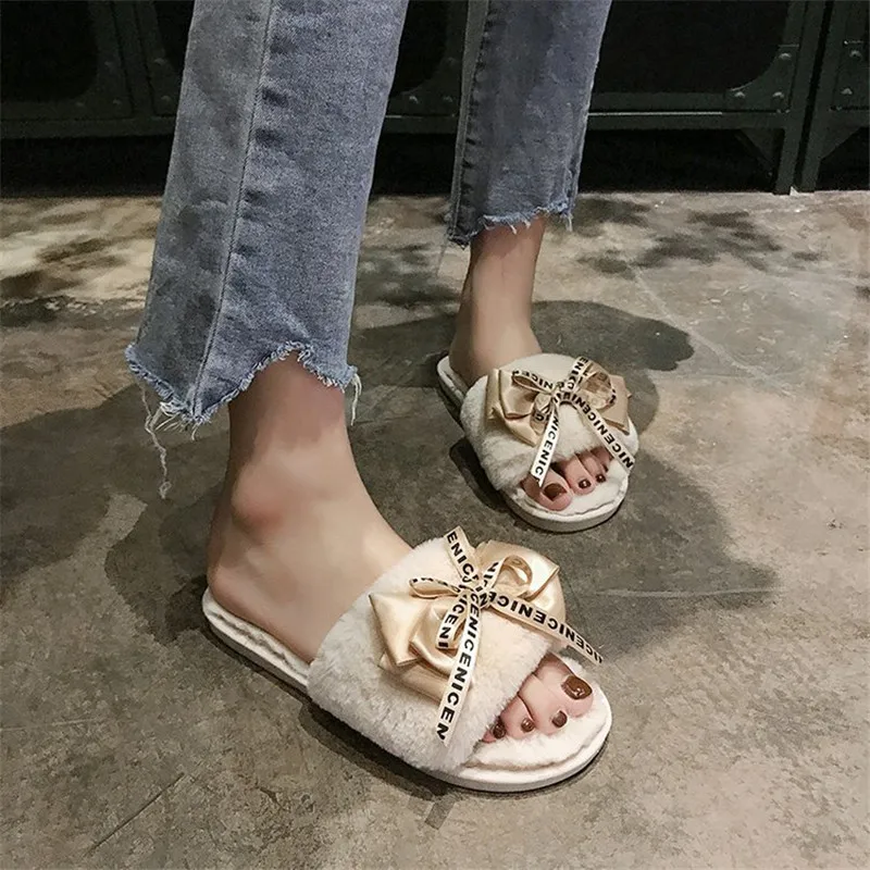 Ladies Plush Home Slippers 2022 Winter Fashion New Style Artificial Fur Warm Shoes Flat-Bottom Comfortable Cute Slippers Lady