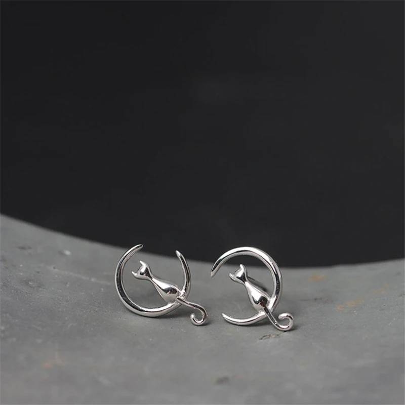 Модные серьги гвоздики серебряного цвета в виде милой Луны кота животных для