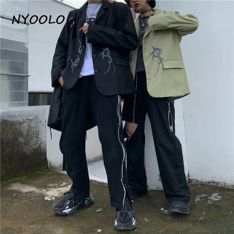 NYOOLO Harajuku Винтажная с драконом принт женский костюм с карманами Осенняя уличная одежда с длинным рукавом однобортное пальто женская мужская одежда верхняя одежда