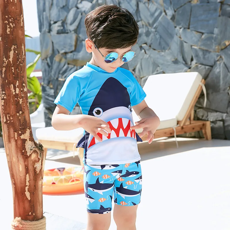 

2021 New Beach Cartoon Shark Children Swimsuit Kids Surfing Suit 2 Pieces Swimsuits For Boys