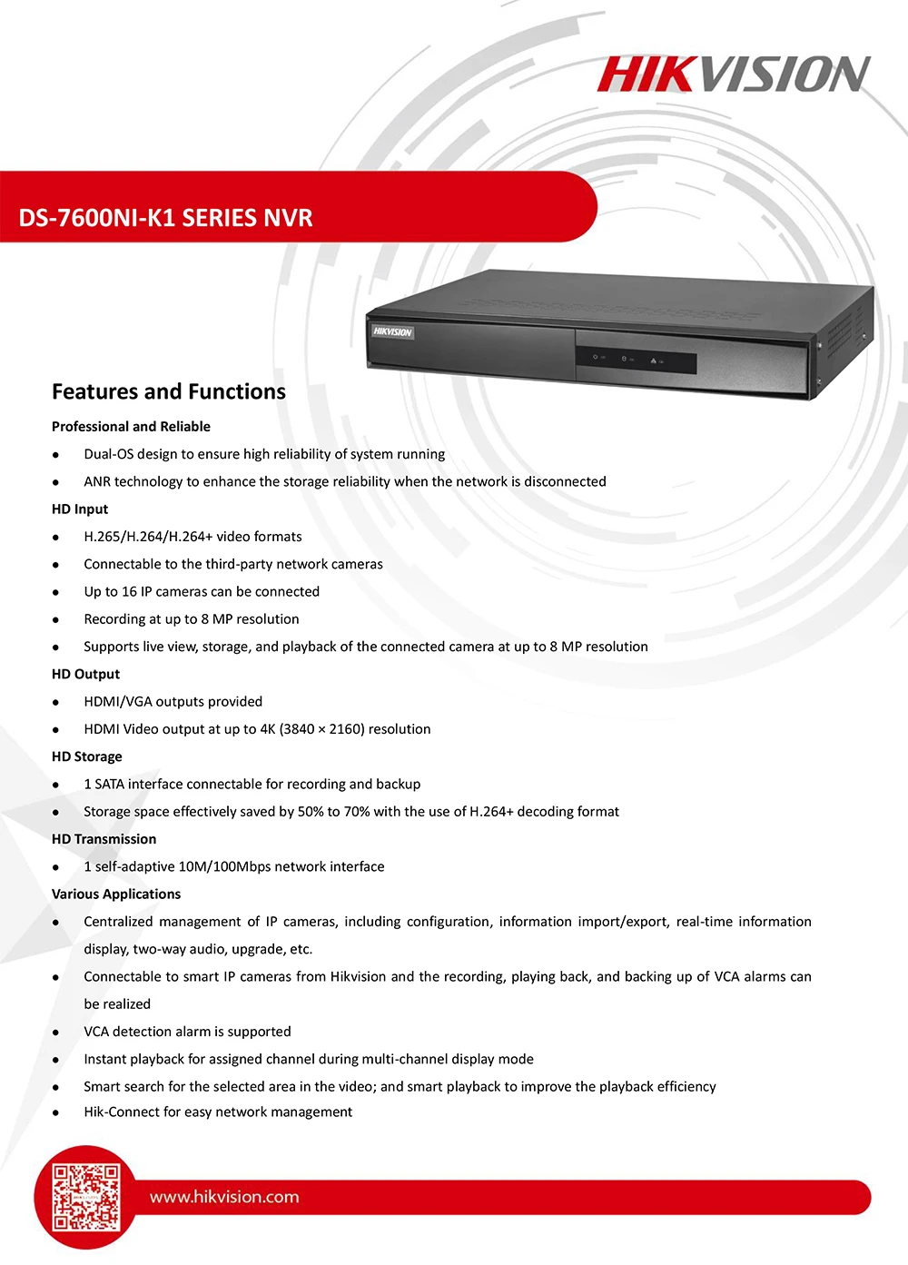 Hikvision 4CH PoE NVR DS-7604NI-K1/4 P 4-канальный встроенный Plug Play 4K NVR с 4 PoE портами для ip-камеры системы видеонаблюдения