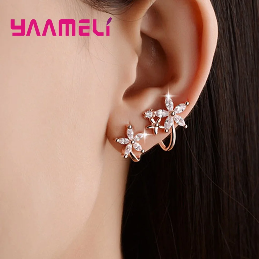 High Grade CZ Zircon Clip Earring Original 925 Sterling Silver Flowers Stars Statement Jewelry Pendientes for Women Female Gift | Украшения