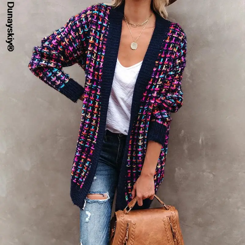 

Fitshinling богемные клетчатые кардиганы женские винтажные длинные пальто Женская куртка трикотаж зимний тонкий свитер кардиган с карманами 2021