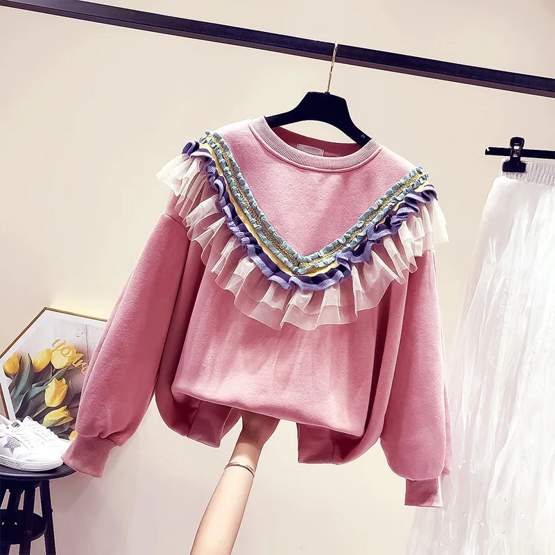 Quality Women Sweatshirt Pullovers Lady Autumn Winter Warm Long sleeve Ruffles Tops | Женская одежда