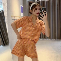 women cotton pajamas set sexy korean plaid sleepwear short sleeveshorts summer thin home clothes simple lapel vintage