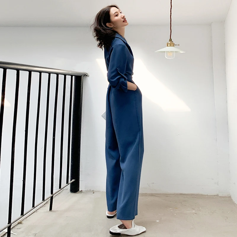 

[EAM] Loose Fit Women Elegant Belt Notched Collar Jumpsuit New High Waist Pocket Stitch Pants Fashion Spring Autumn 2021 1DD5280