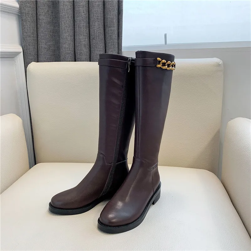 Brown Velvet Lining Meotina/Женская обувь, Зимние ботинки для верховой езды Для женщин натуральный из натуральной кожи, с цепочкой толстый каблук сапоги до колена, на молнии, обувь с круглым носком женская обувь на осень; большие размеры 34-39 - Цвет: Brown Velvet Lining