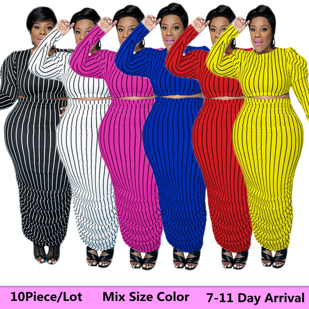 

Mix Size Color Wholesale Bulk Items Women Clothes Skirts 2 Piece Plus Size Sets Striped Top Draped Maxi Skirt 5-10 Day Arrival