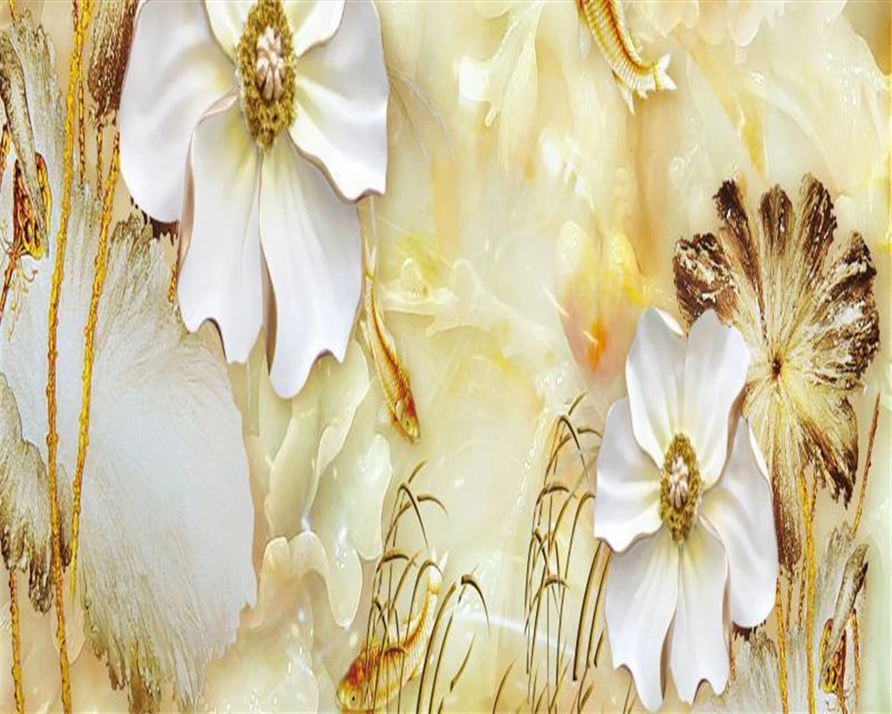 

Custom 3D Wallpaper Mural 3d HD jade carving delicate flowers Living Room Bedroom TV Background Wall Wallpaper