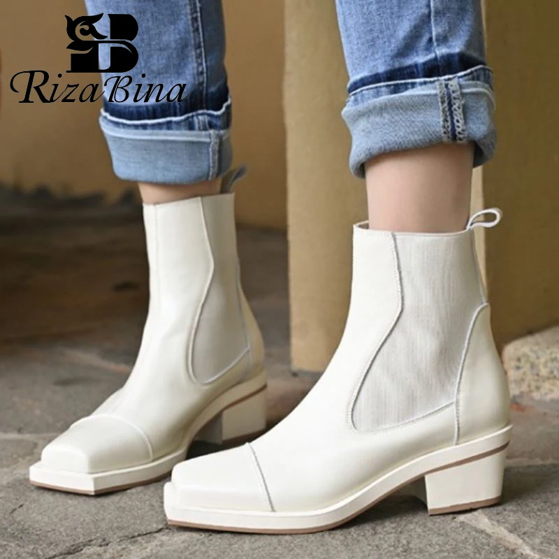 

RIZABINA Women Ankle Boots Real Leather Square Toe Women Short Boots Cool Fashion Ladies Shoes Winter Footwear Size 34-39