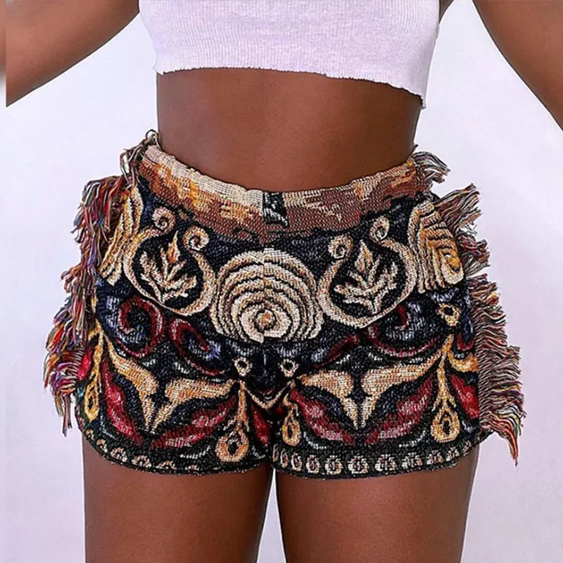 

Female Short Streetwear Patchwork Lady Tassel Outfit Summer Retro Print Graphic Women's Shorts Fashion Casual Side Skinny Bicker