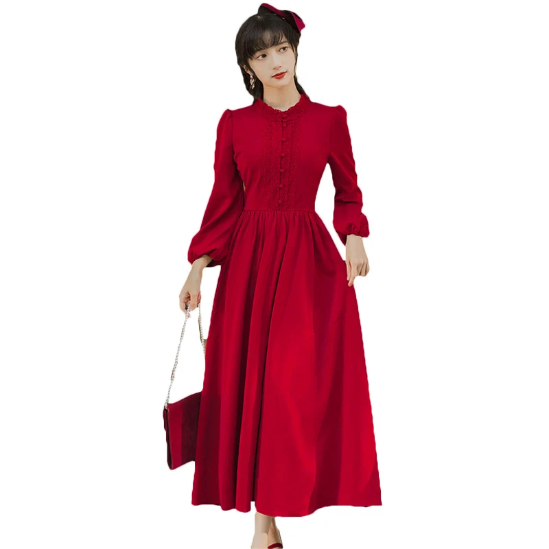 

2022, весенне-осеннее платье в стиле ретро, женская одежда, элегантное кружевное красное праздвечерние чное платье, тонкое, мягкие платья 141b