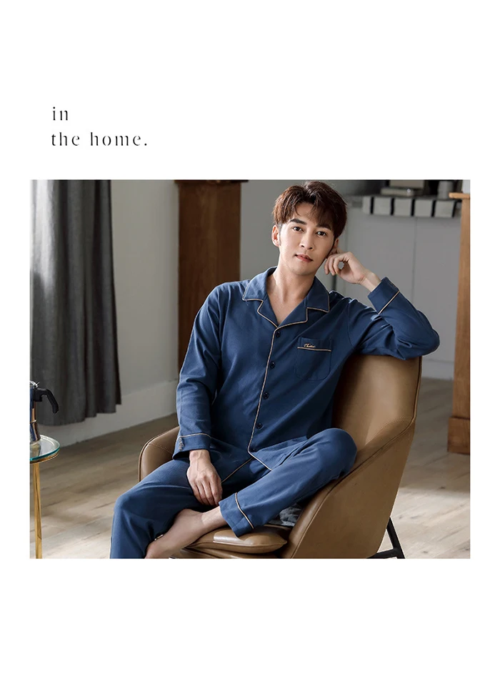 Men Pyjama Set 100% Cotton Spring Long Sleeve Print Men Pajama Suit Autumn Nightwear Collar Pijama Male Sleepwear Two Piece XXXL mens short pjs