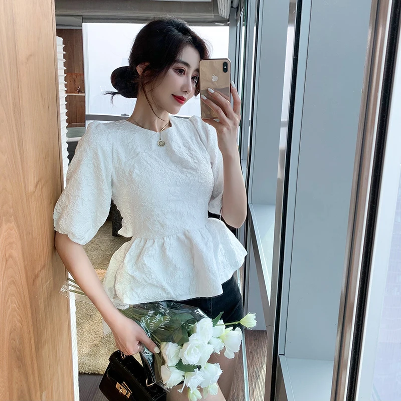 

New 2021 Summer Sweet Backless Bowknot Puff sleeve Jacquard Shirt Top Vintage Women's Chic Blouse