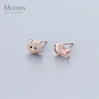 modian dazzzling clear cz cute cat face fish asymmetry stud earring for women 925 sterling silver animal ear studs fine jewelry