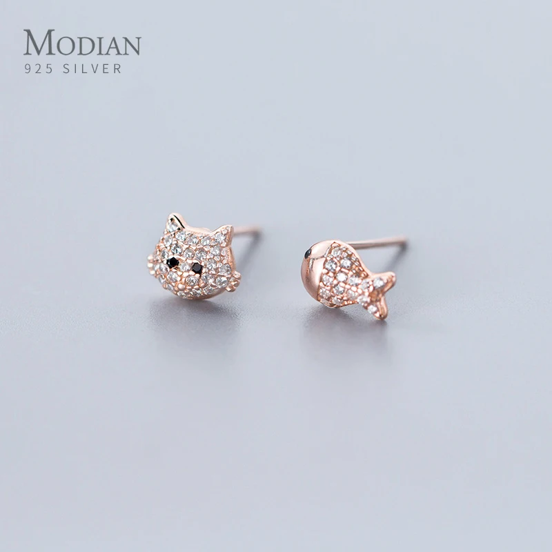 MODIAN Dazzzling прозрачными камнями Милая кошачья мордочка рыбы асимметричные серьги