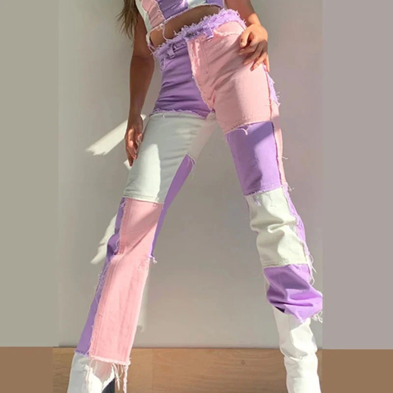 

Women Patchwork Jeans Color Block Tassel Contrast Trousers High Waist Casual Streetwear Denim Pants Women Pocket Fashion