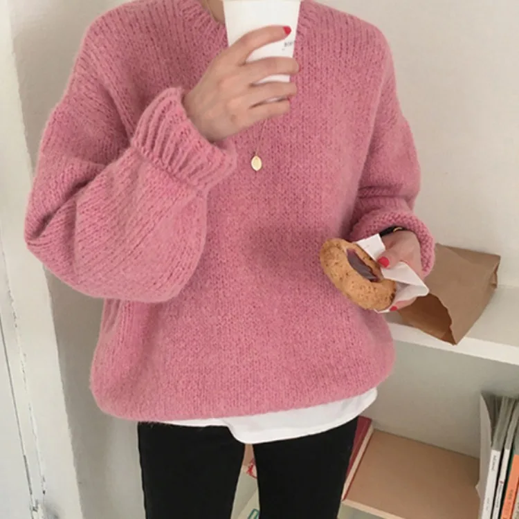 

2021 new women's autumn sweet knitting with mint hedging seahorse hair loose lazy sweater women
