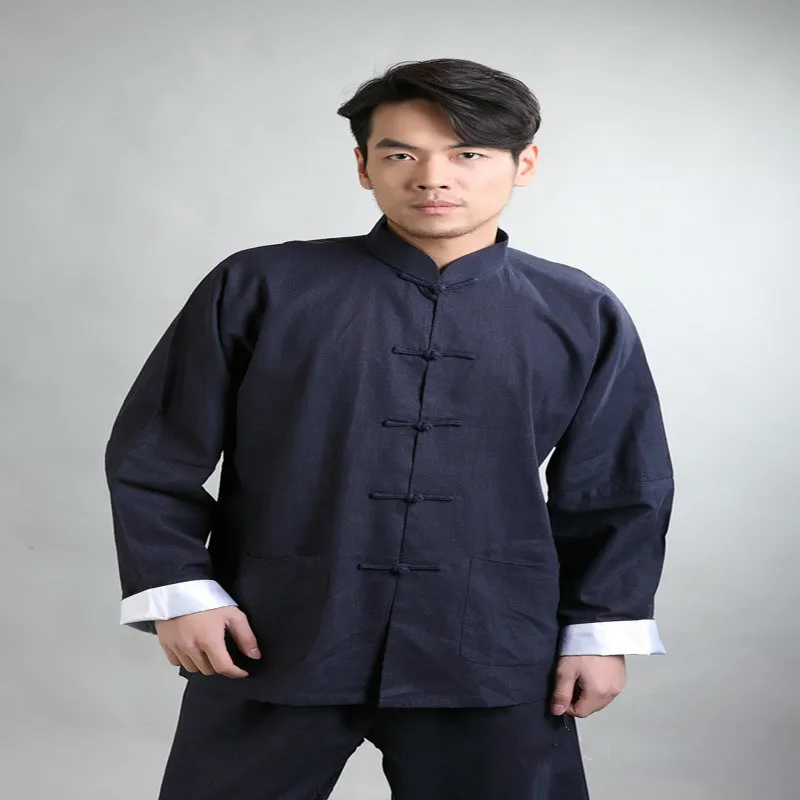 Мужской костюм Тан из хлопка и льна с длинным рукавом мужская тренировочная