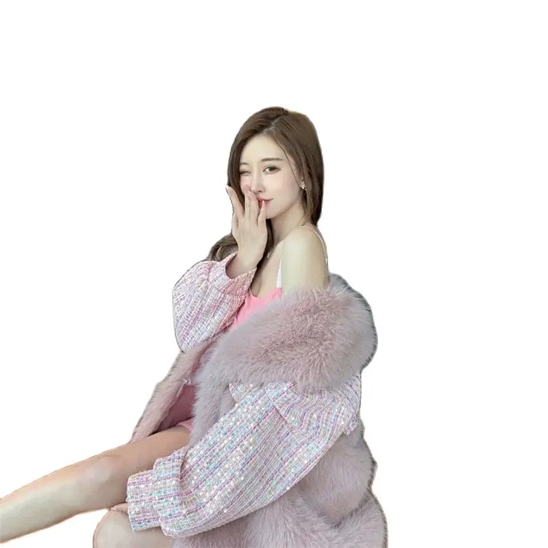 

Imitate Fur Autumn And Winter 2021 New Style Young Fake Wool Blend Woolen Sequined Coat Mid-length High-set Ladies Fashion