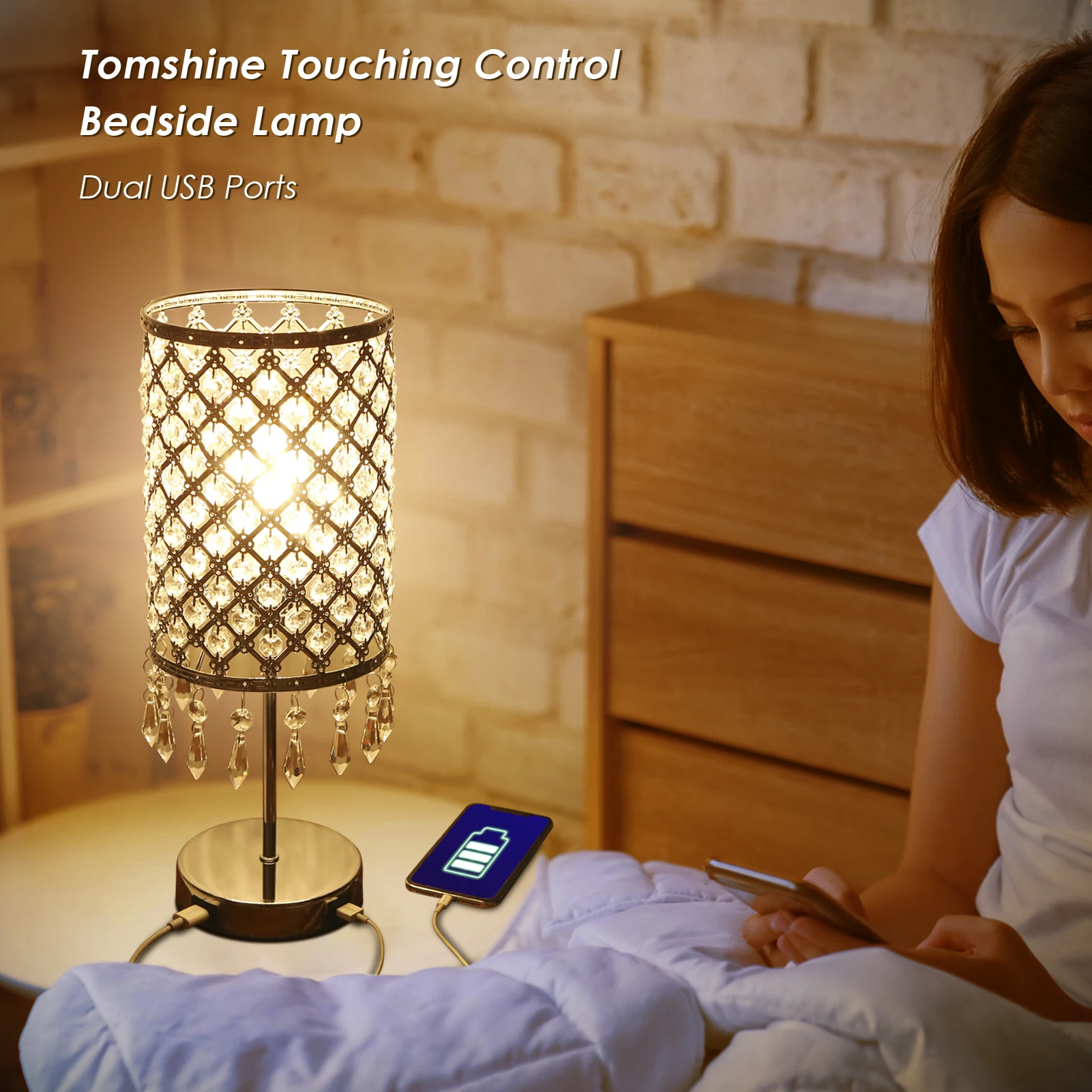 

Tomshine Touching Control Bedside Table Lamp with Dual 5V/2A USB Charge Ports 3-way Dimmable Nightstand Desk Light for Bedroom