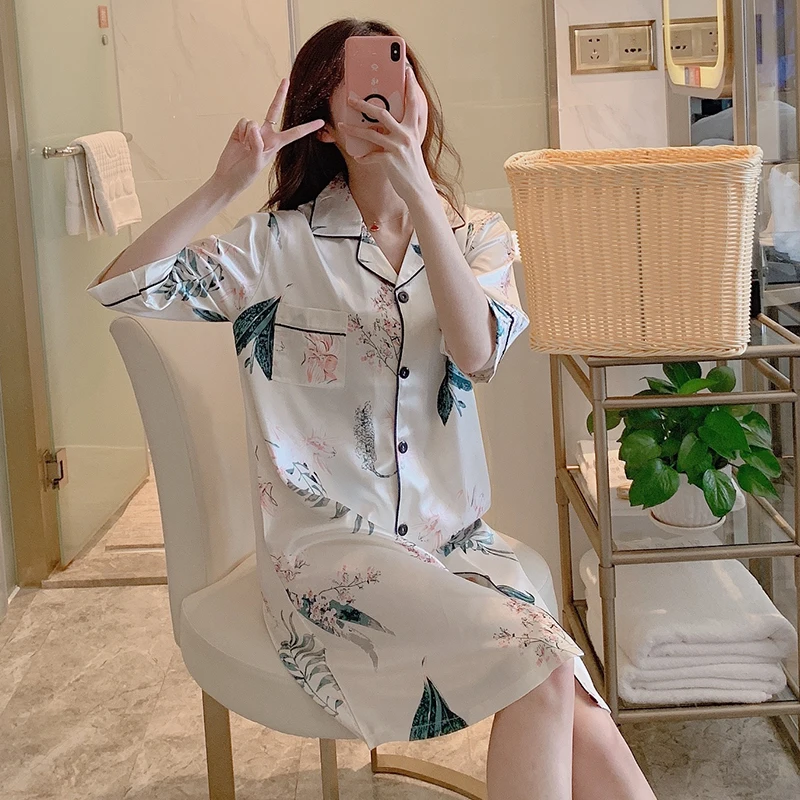 Autumn Printed Casual Silk Sexy Women Sleepshirts Fresh Simple Nightgowns Women Sleepwear Nightdress Loose Nightwear Homewear