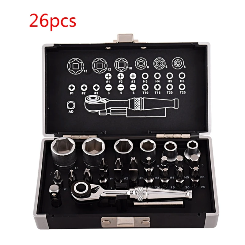 

26pcs Mini Ratchet Wrench Socket Bits 1/4'' Drive Spanner Kit Tools for Bicycle Motorcycle Repairing