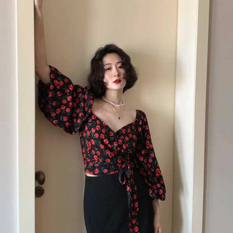 

QWEEK Harajuku Shirt Women Lantern Sleeve Beautiful Blouses Elegant Floral Print Tops 2021 Fashion Bohemian Mori Girl Aesthetic
