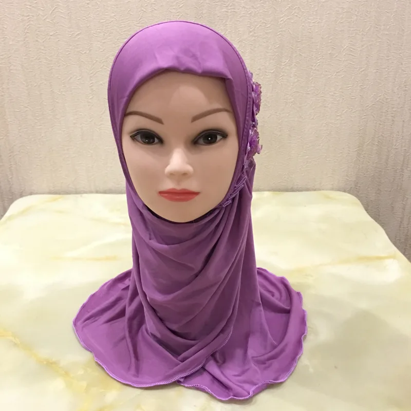 Muslim Girls Hijab Scarf with Flower Appliques Islamic Kids Plain Turban Head Wrap Shawls Elastic Kid Burqa for 2-7 Years Old |
